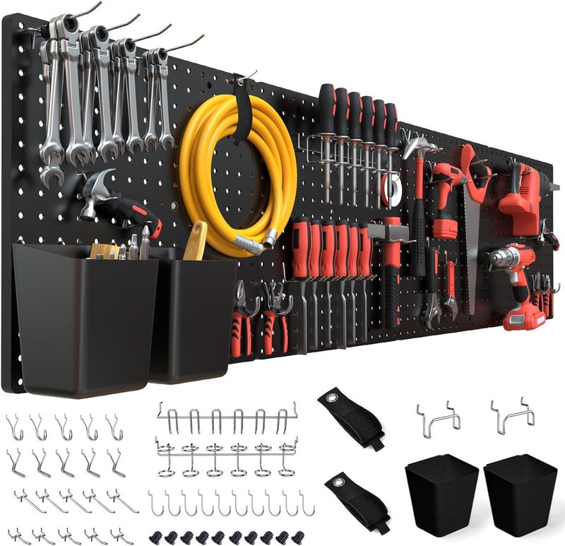 FZK Pegboard 32"*32",Black Pegboard 4pcs and 46 Peg Board Hooks with Strong Ribs Back Holds up for 200Ib,Peg Board Organizer for Walls for Garage Workshop Office - Image 1